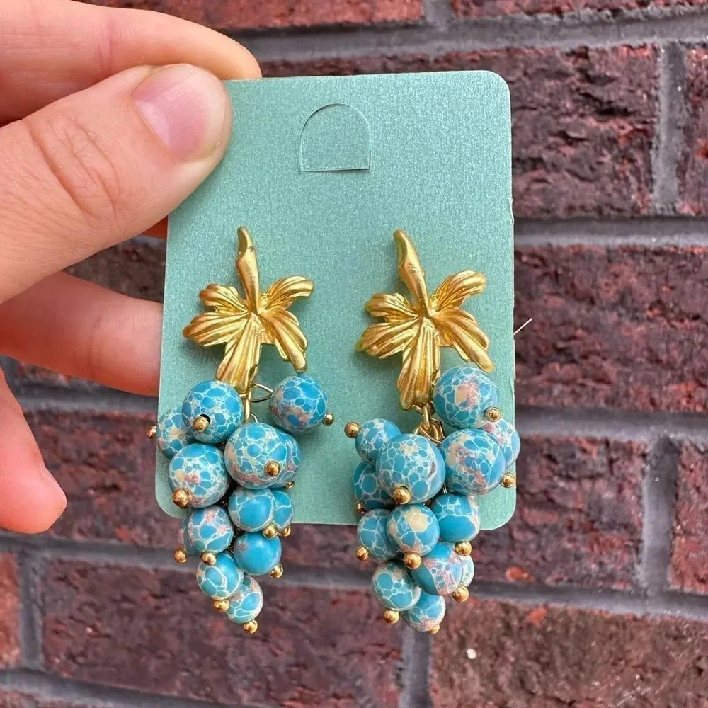 LuxuryTurquoise Stone Blue Leaf Grape Earrings